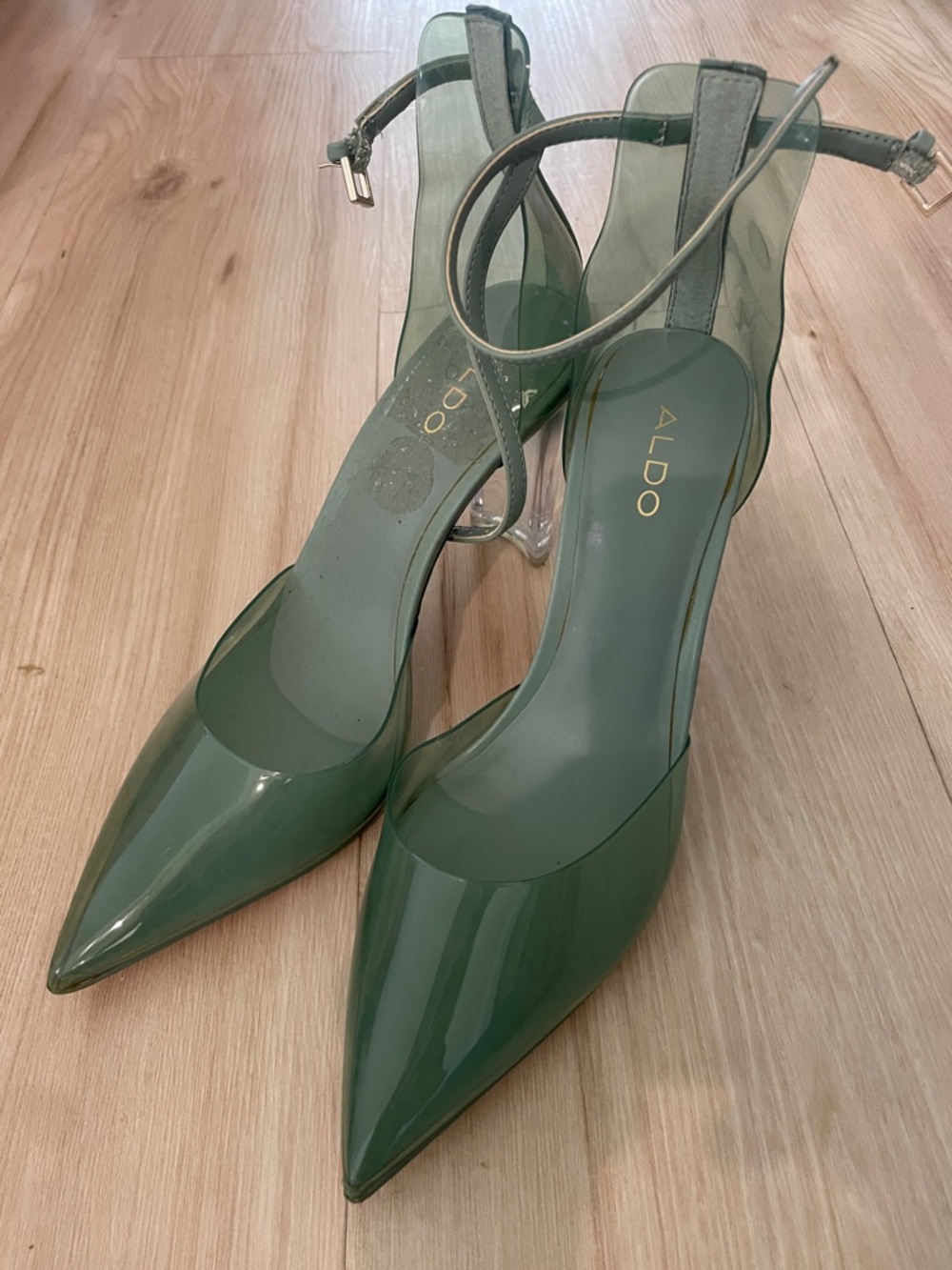 Aldo Olive Green Pointed Clear Panel Ankle-Strap Heels